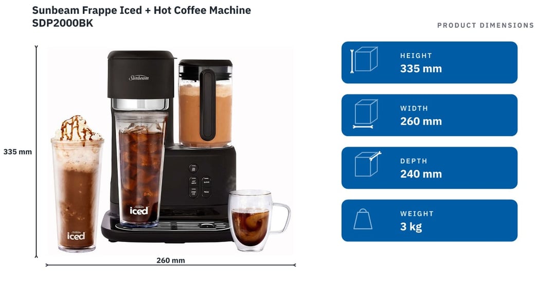 Sunbeam Frappe Iced + Hot Coffee Machine SDP2000BK — product dimensions