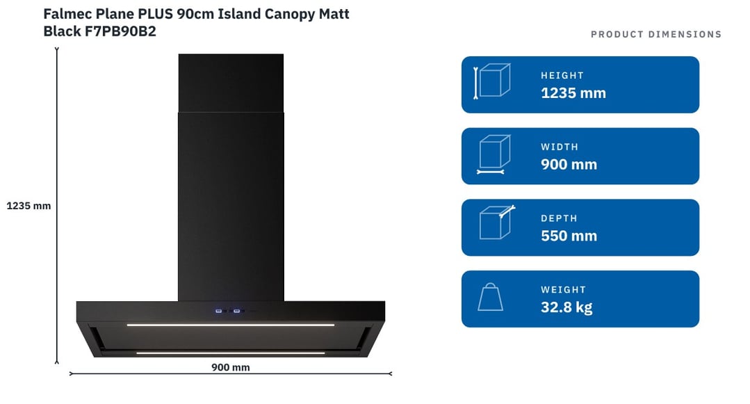 Falmec Plane PLUS 90cm Island Canopy Matt Black F7PB90B2 — product dimensions