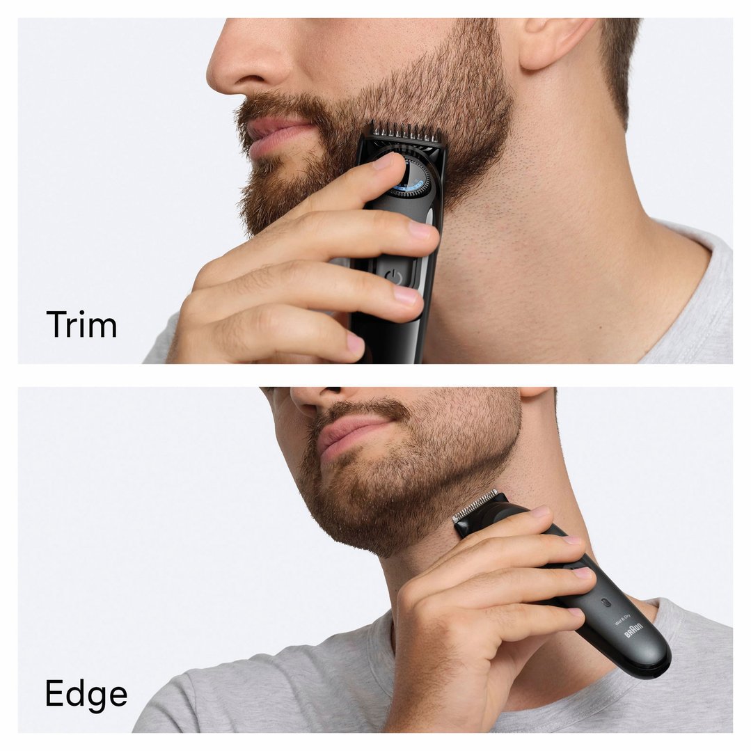 Man using a Braun beard trimmer to trim and edge his beard