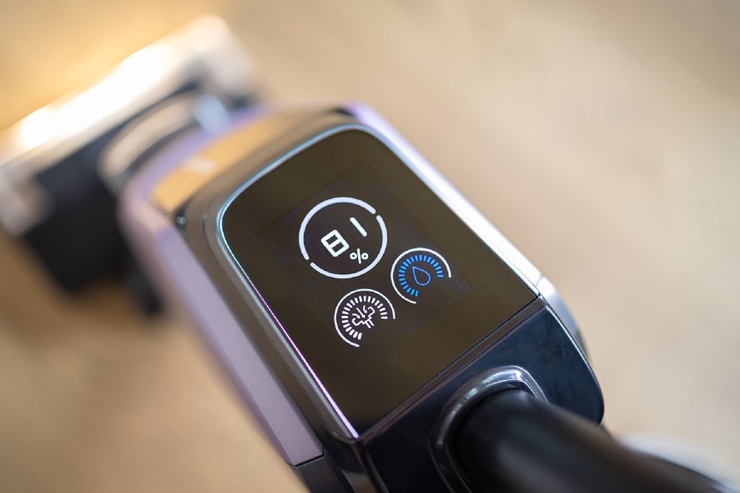 Close up of the handStickVacuum's digital display showing battery and water levels