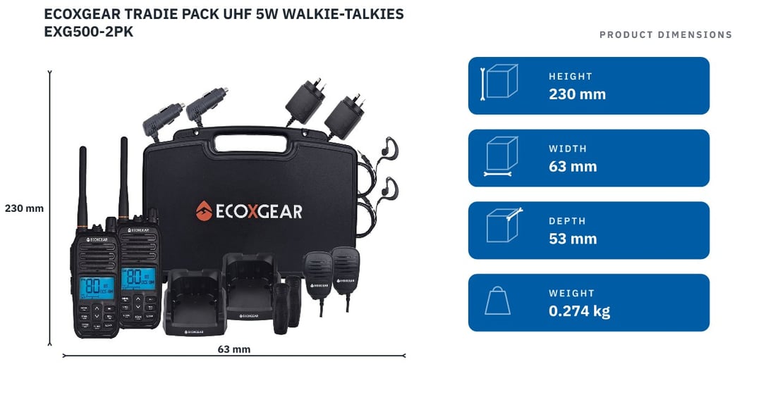 ECOXGEAR TRADIE PACK UHF 5W WALKIE-TALKIES EXG500-2PK