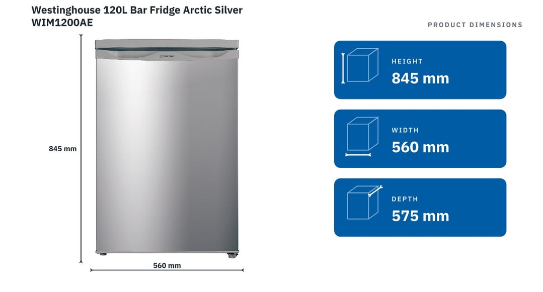 Westinghouse 120L Bar Fridge Arctic Silver WIM1200AE — product dimensions