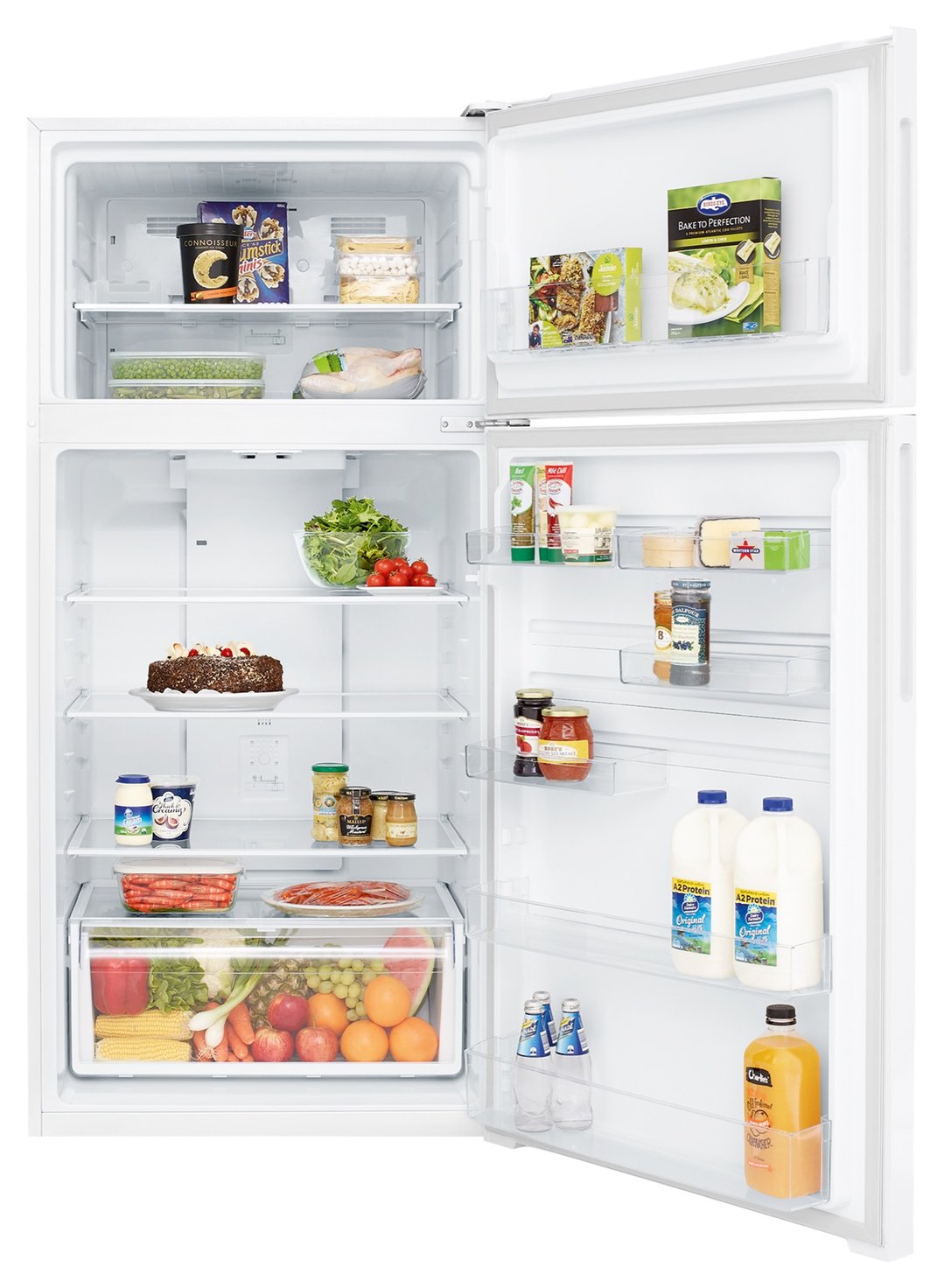 Open top mount fridge filled with food and drinks