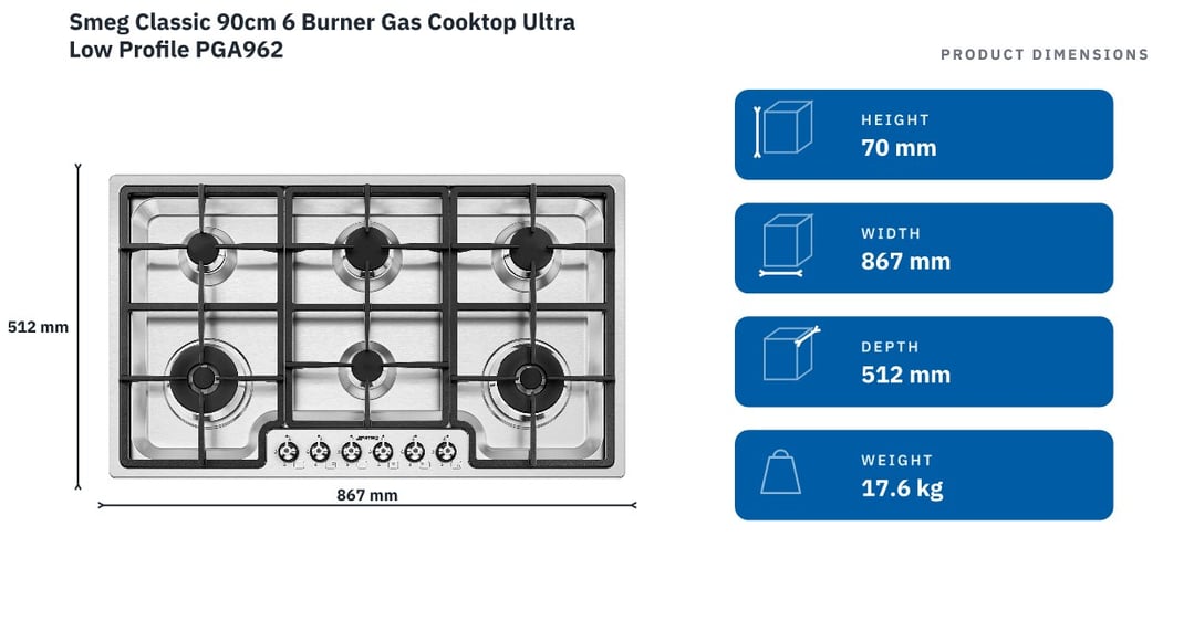 Smeg Classic 90cm 6 Burner Gas Cooktop Ultra Low Profile PGA962 — product dimensions