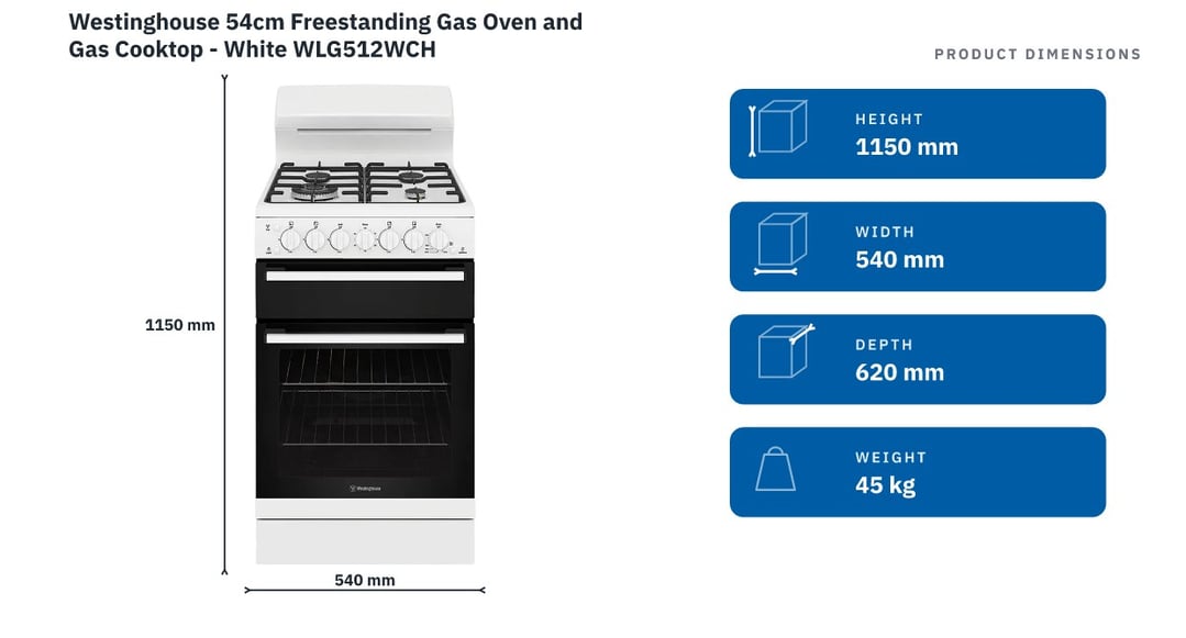 Westinghouse 54cm Freestanding Gas Oven and Gas Cooktop - White WLG512WCH