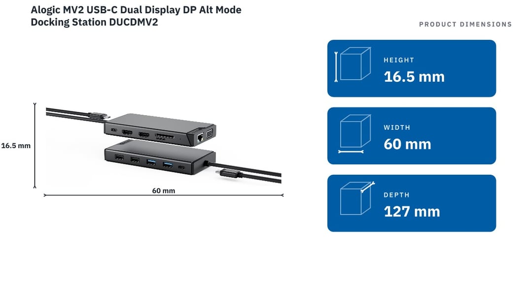 Alogic MV2 USB-C Dual Display DP Alt Mode Docking Station DUCDMV2 — product dimensions