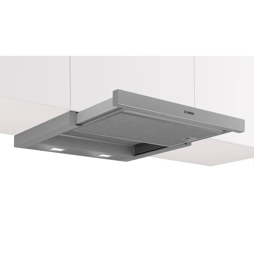 A Bosch slideout rangehood installed under white kitchen cabinets
