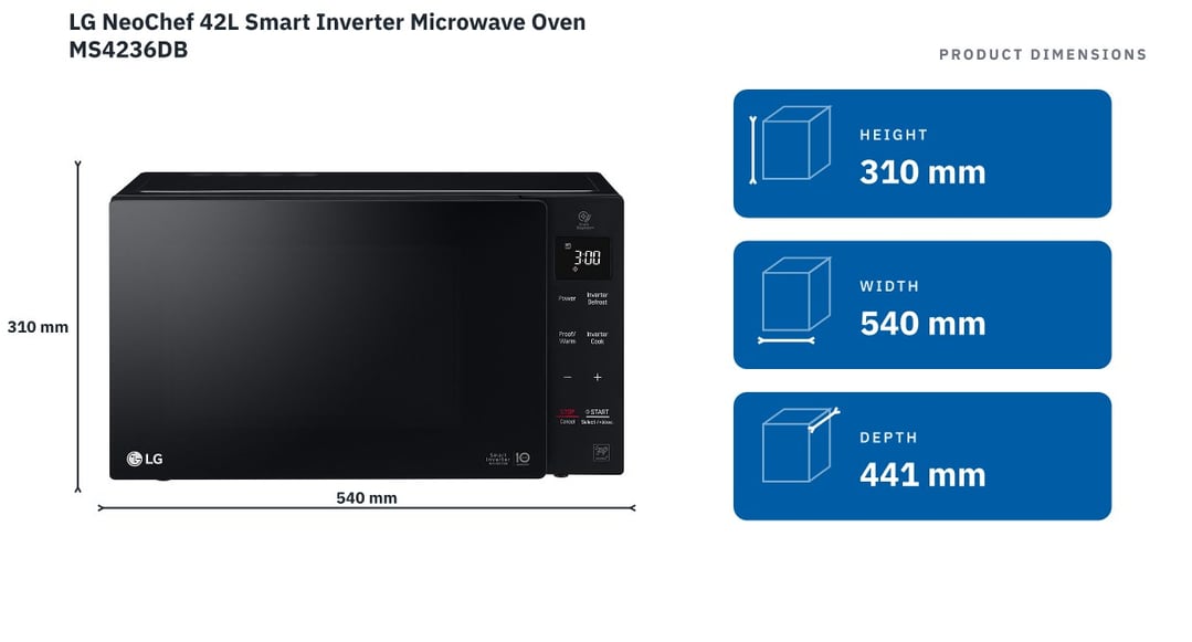 LG NeoChef 42L Smart Inverter Microwave Oven MS4236DB — product dimensions