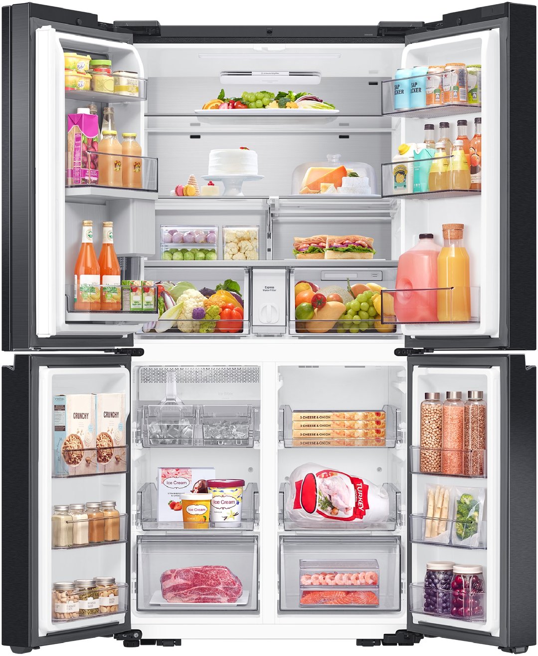 Open SAMSUNG 636L AI Family Hub French Door Refrigerator filled with food items