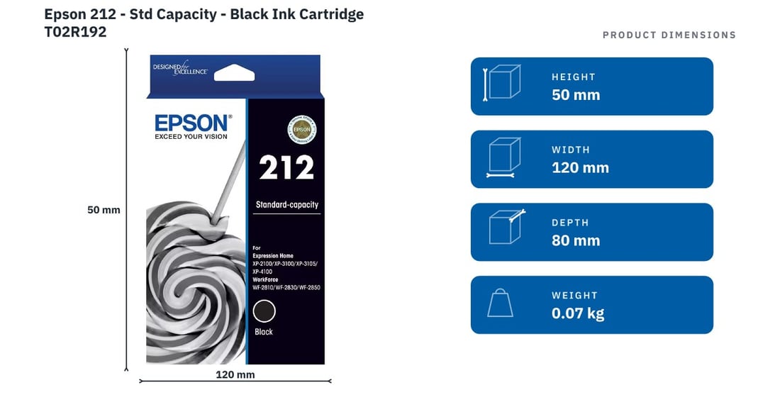 Epson 212 - Std Capacity - Black Ink Cartridge T02R192 — product dimensions