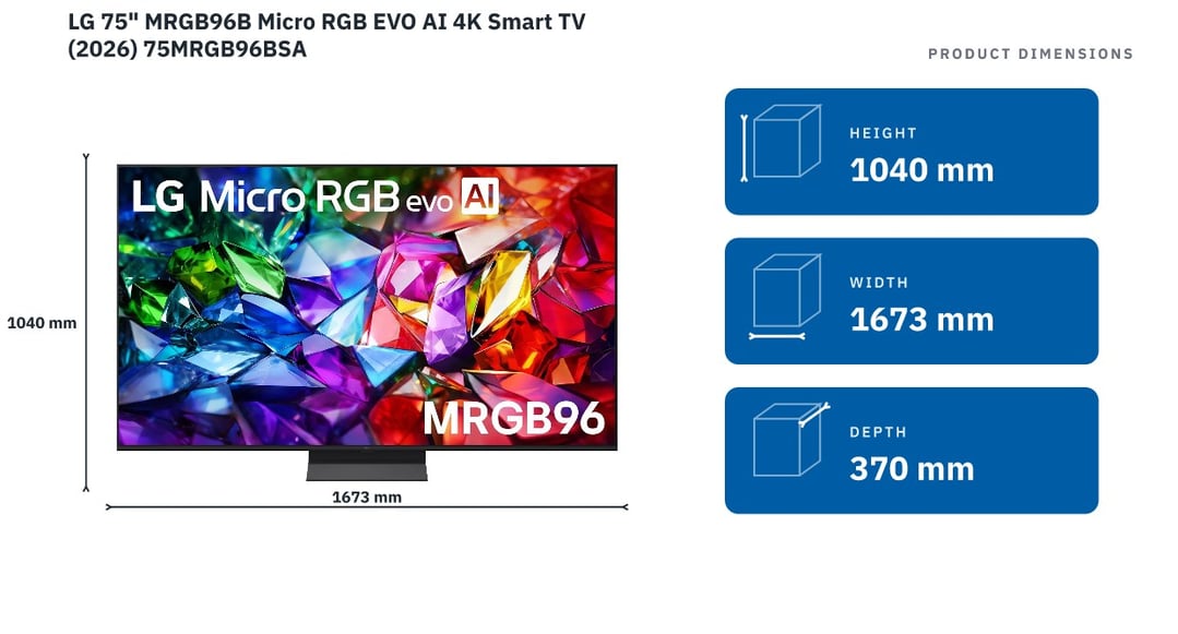 LG 75" MRGB96B Micro RGB EVO AI 4K Smart TV (2026) 75MRGB96BSA — product dimensions