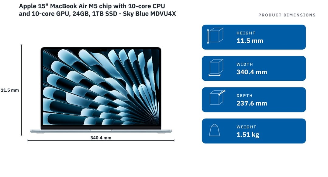 Apple 15" MacBook Air M5 chip with 10‑core CPU and 10‑core GPU, 24GB, 1TB SSD - Sky Blue MDVU4X/A