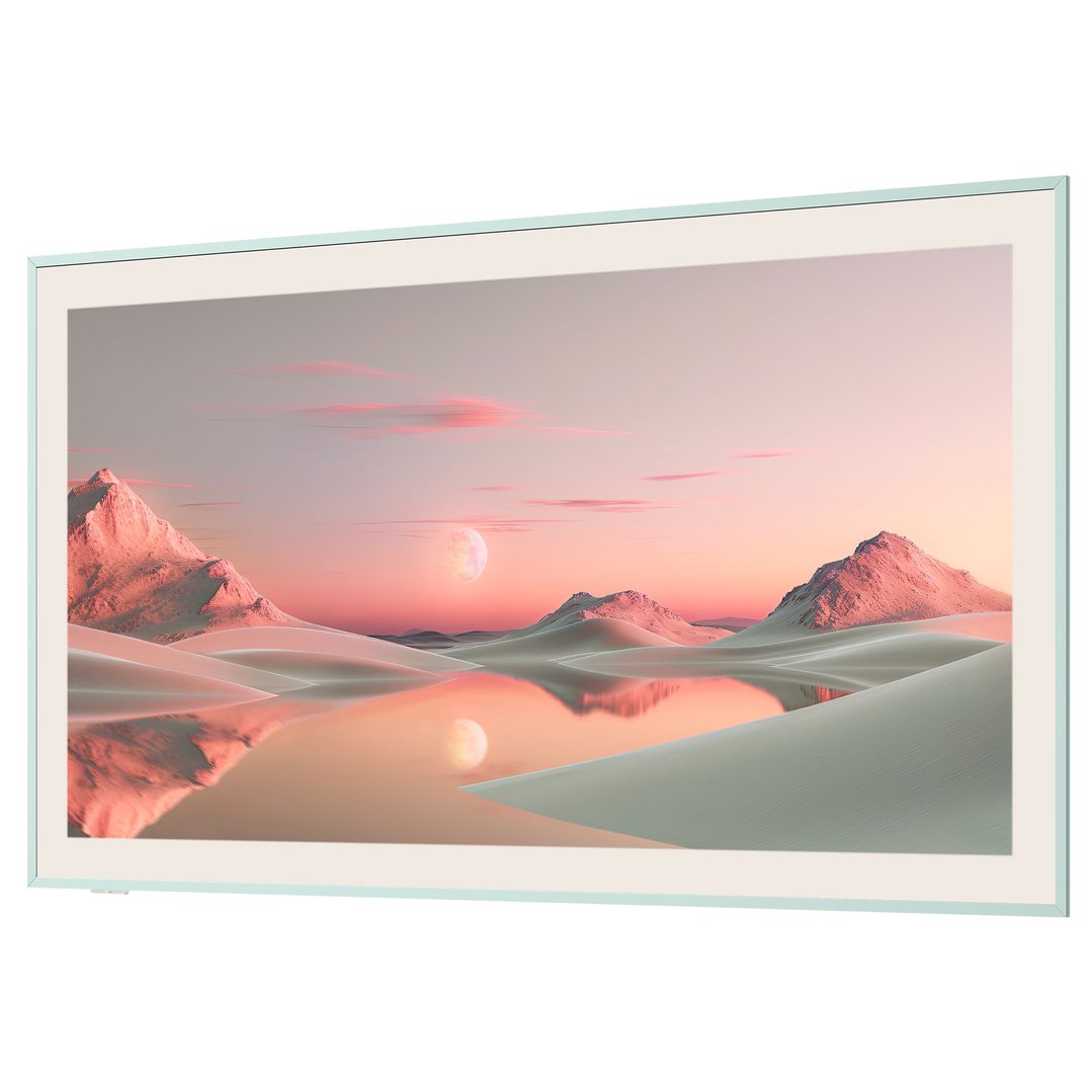 Mint green frame for a TV displaying a desert landscape with a full moon