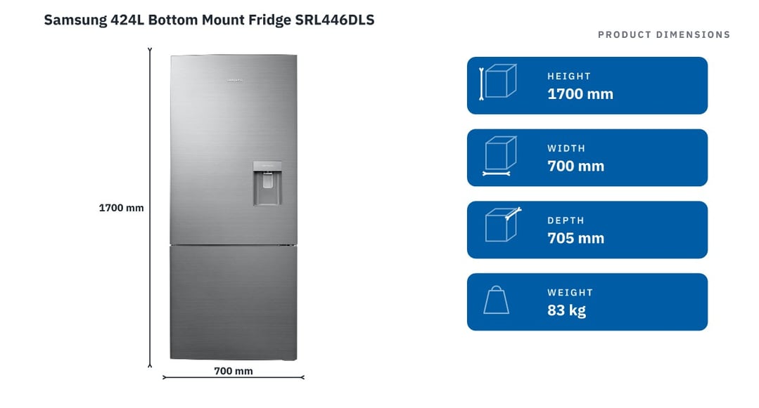 Samsung 424L Bottom Mount Fridge SRL446DLS — product dimensions
