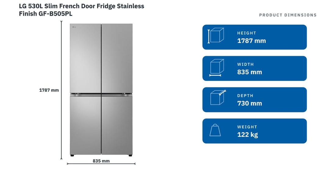 LG 530L Slim French Door Fridge Stainless Finish GF-B505PL — product dimensions
