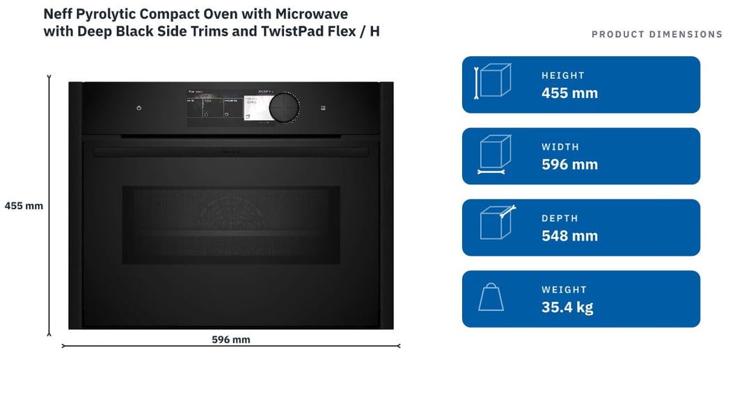 Neff Pyrolytic Compact Oven with Microwave with Deep Black Side Trims and TwistPad Flex / Handle C29MY7MY0-DB — product dimensions