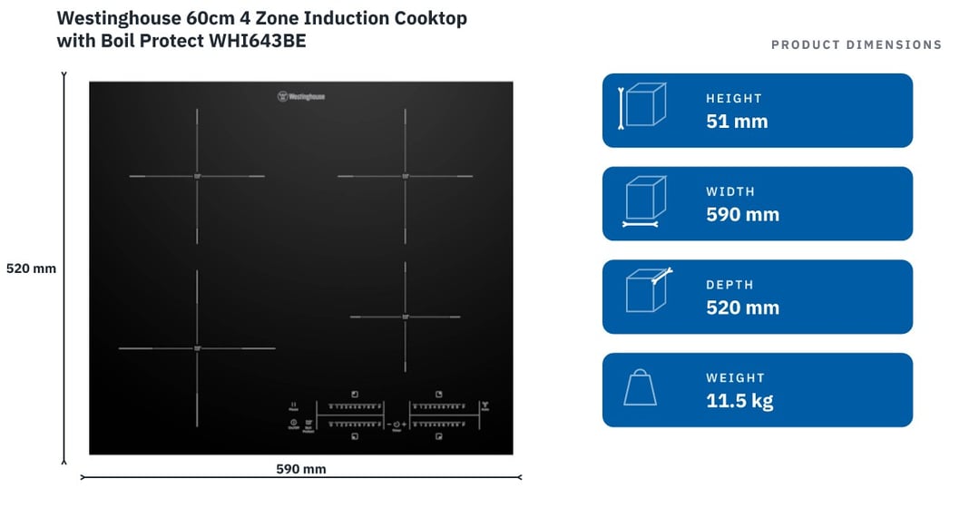 Westinghouse 60cm 4 Zone Induction Cooktop with Boil Protect WHI643BE — product dimensions