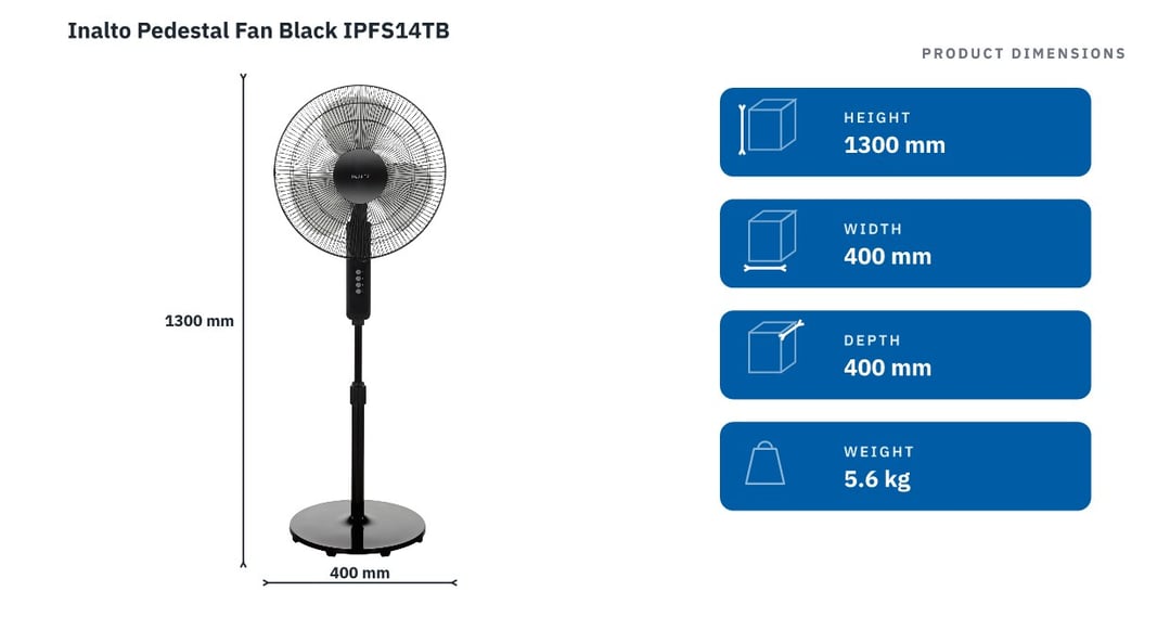Inalto Pedestal Fan Black IPFS14TB — product dimensions