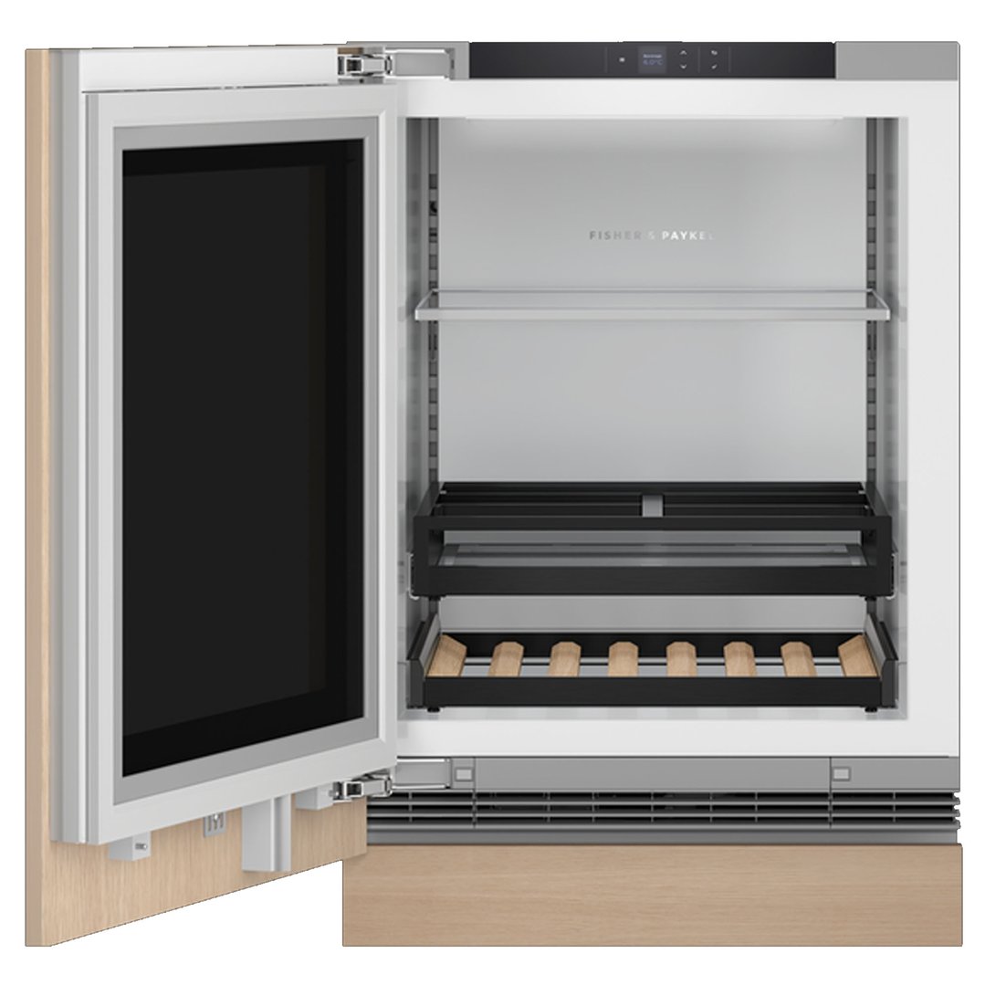 Integrated beverage centre with door open, showing shelves and wine racks