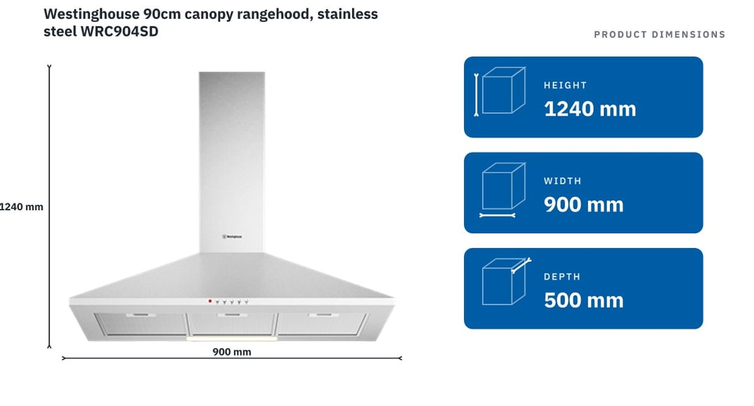 Westinghouse 90cm canopy rangehood, stainless steel WRC904SD — product dimensions