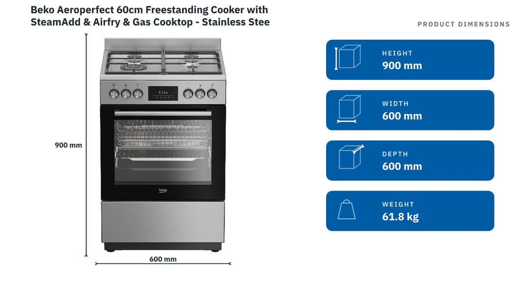 Beko Aeroperfect 60cm Freestanding Cooker with SteamAdd & Airfry & Gas Cooktop - Stainless Steel BFCB60GMX — product dimensions