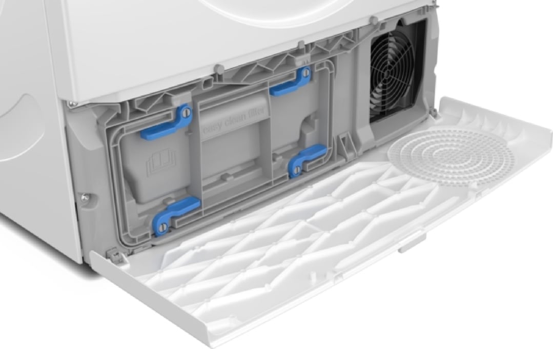 Close up of the filter compartment of a white heat pump dryer