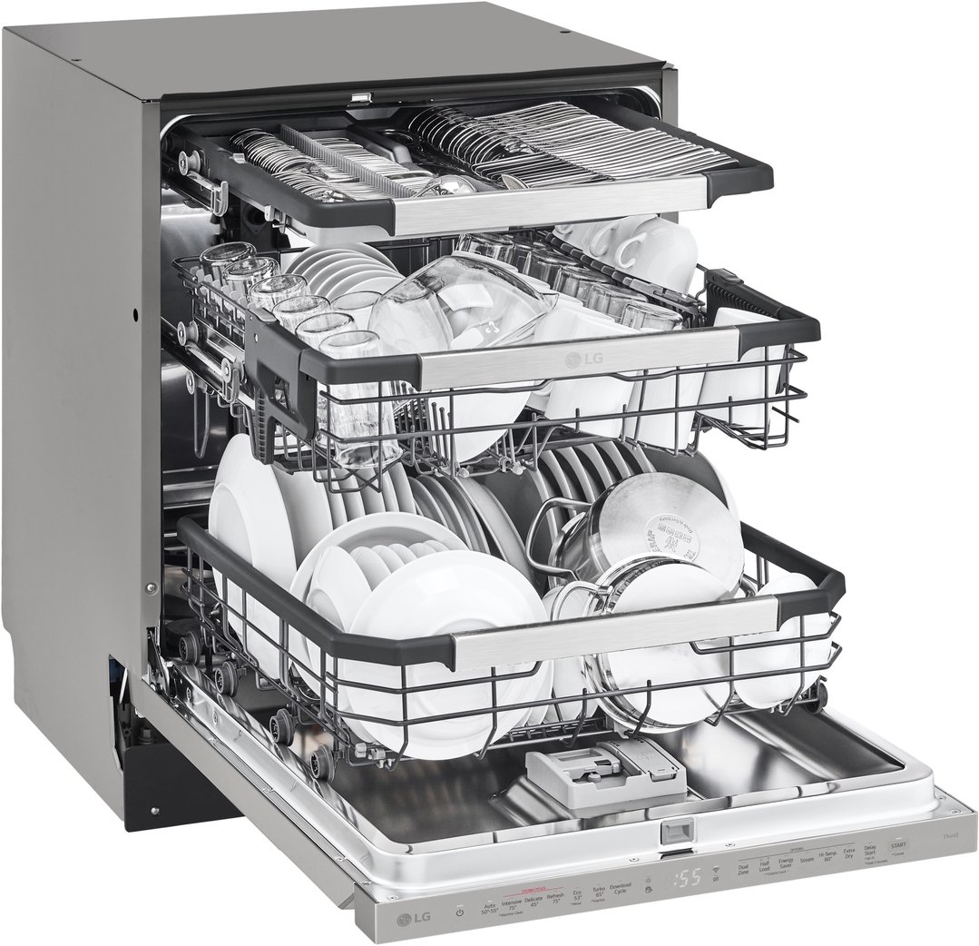 Open dishwasher filled with dishes, pots, and cutlery in a kitchen setting
