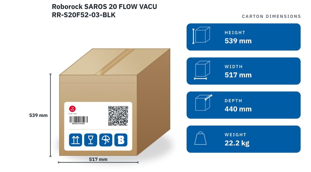 Roborock SAROS 20 FLOW VACU RR-S20F52-03-BLK — packaged dimensions