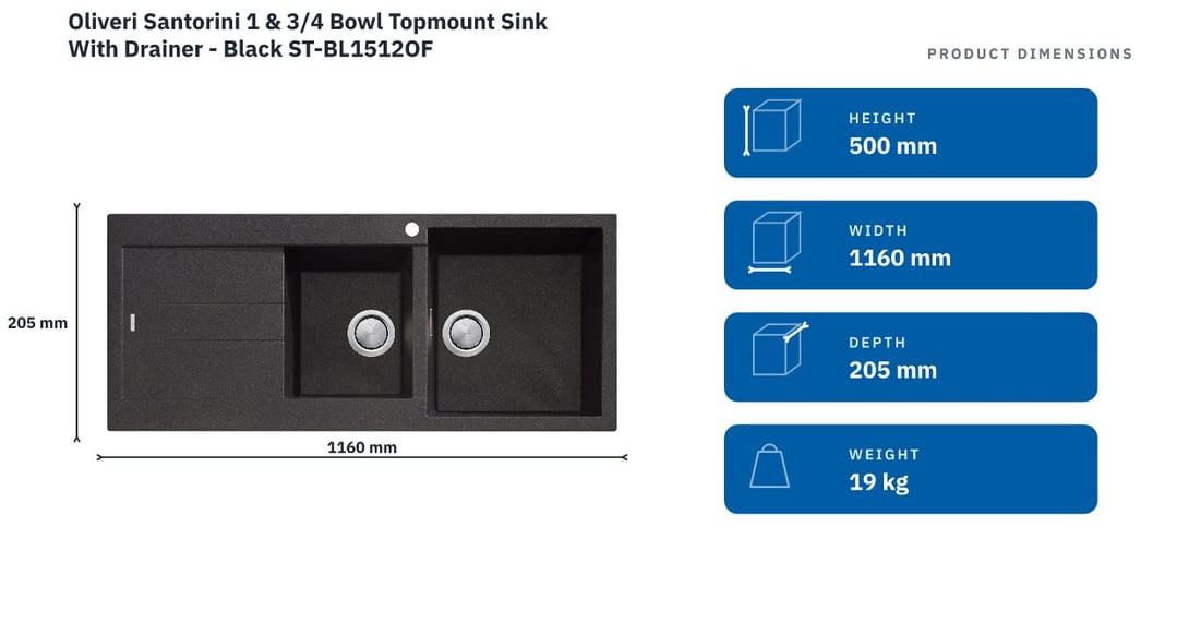 Oliveri Santorini 1 & 3/4 Bowl Topmount Sink With Drainer - Black ST-BL1512OF — product dimensions
