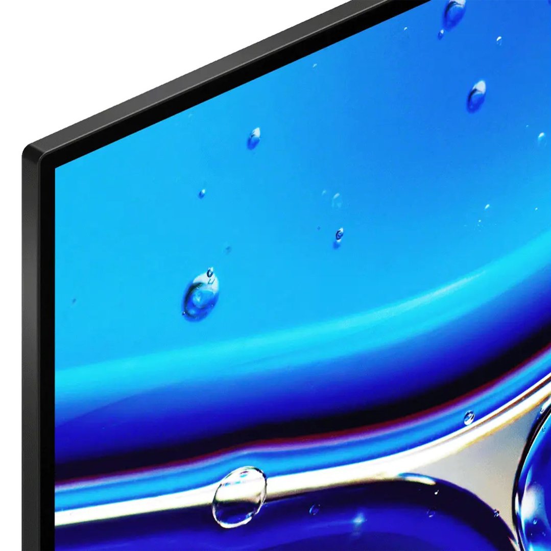 Close-up of a TV screen displaying an abstract blue image with bubbles