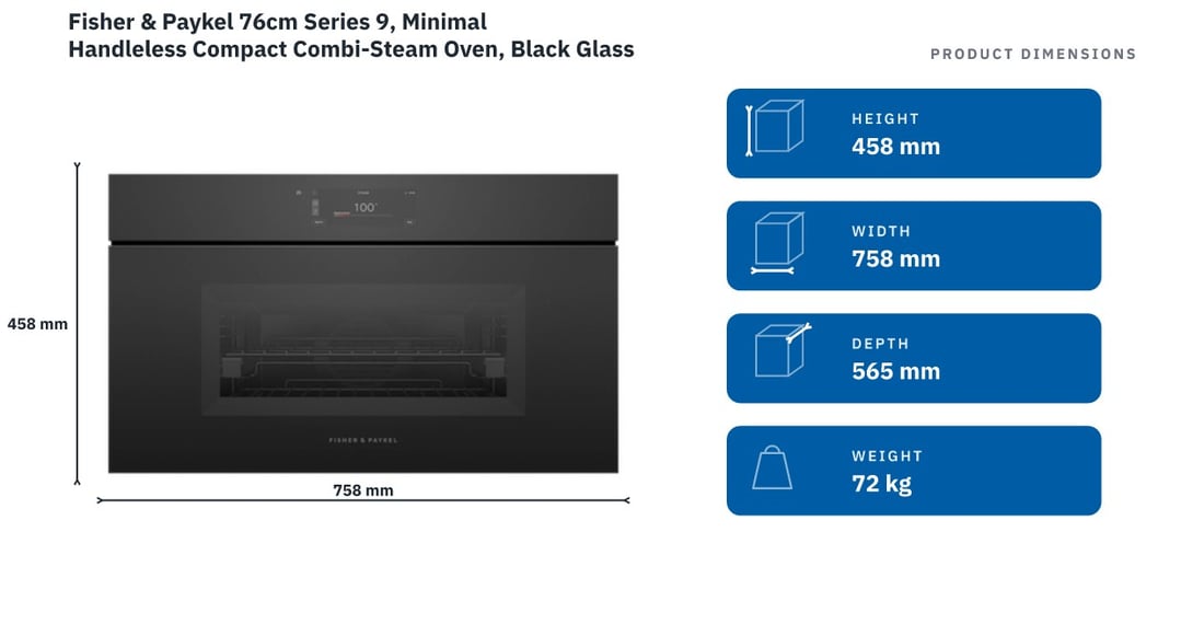Fisher & Paykel 76cm Series 9, Minimal Handleless Compact Combi-Steam Oven, Black Glass OS76NMUNB3