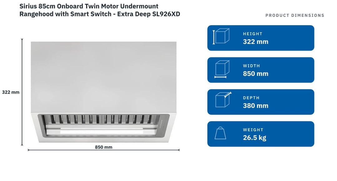 Sirius 85cm Onboard Twin Motor Undermount Rangehood with Smart Switch - Extra Deep SL926XDTM85 — product dimensions