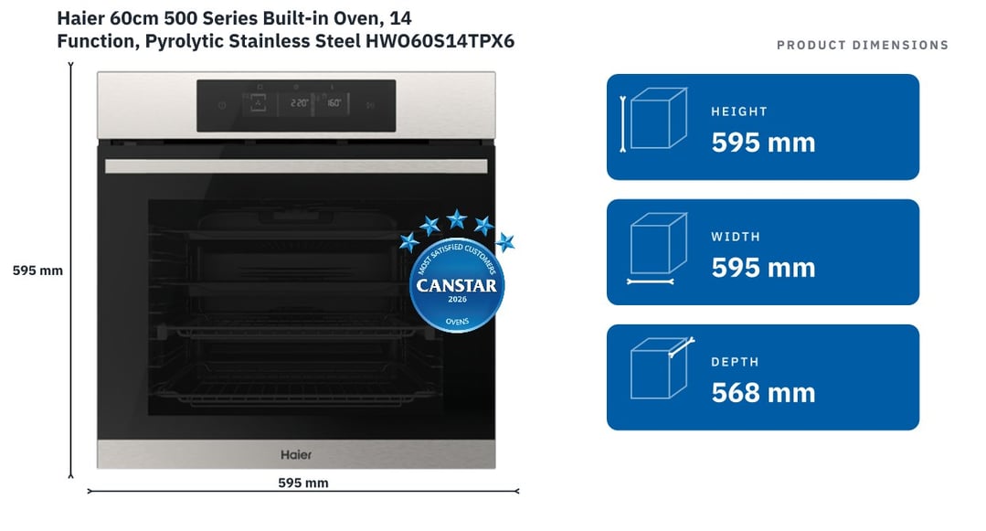 Haier 60cm 500 Series Built-in Oven, 14 Function, Pyrolytic Stainless Steel HWO60S14TPX6 — product dimensions