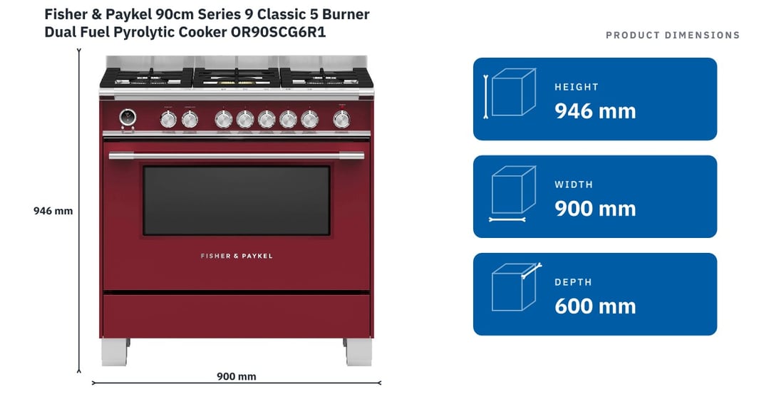 Fisher & Paykel 90cm Series 9 Classic 5 Burner Dual Fuel Pyrolytic Cooker OR90SCG6R1 — product dimensions