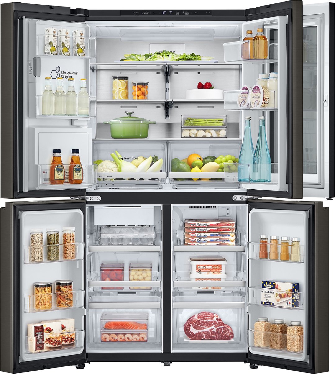 Open French door fridge with food and drinks on shelves and in drawers