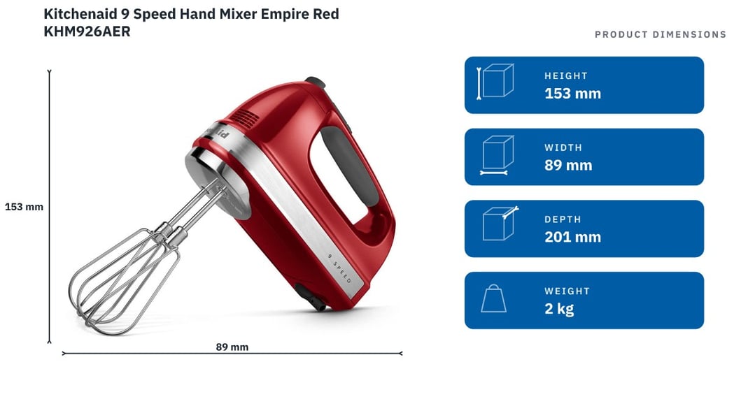 Kitchenaid 9 Speed Hand Mixer Empire Red KHM926AER — product dimensions