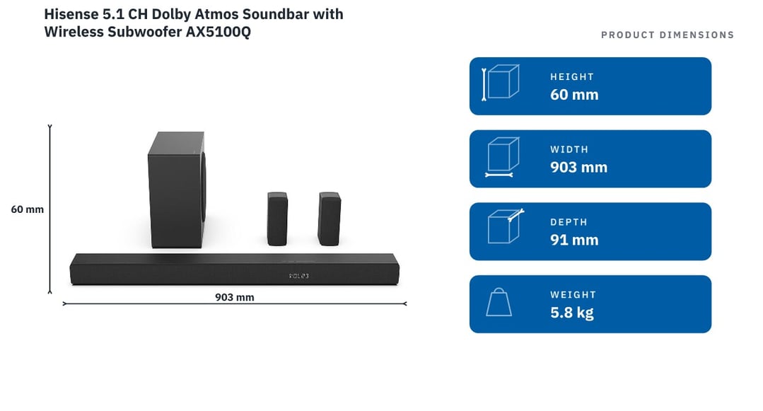 Hisense 5.1 CH Dolby Atmos Soundbar with Wireless Subwoofer AX5100Q — product dimensions