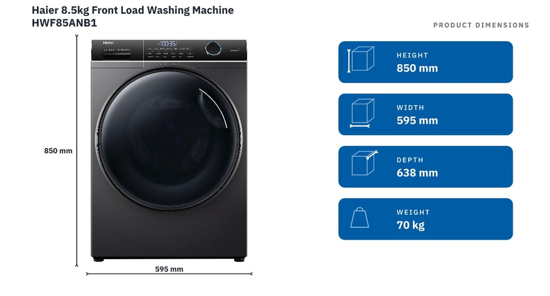 Haier 8.5kg Front Load Washing Machine HWF85ANB1 — product dimensions