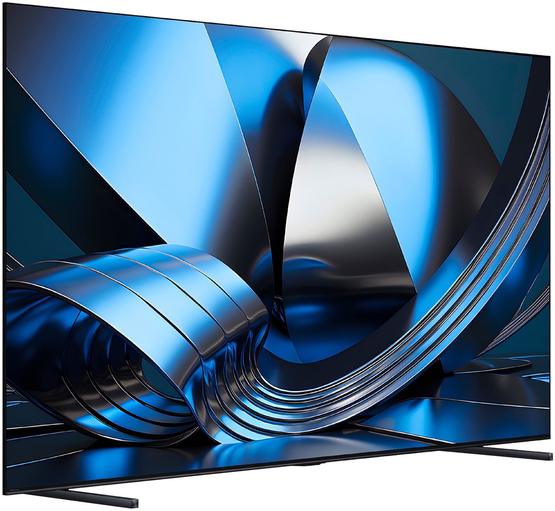 A Hisense TV displaying abstract blue and silver shapes on a dark background