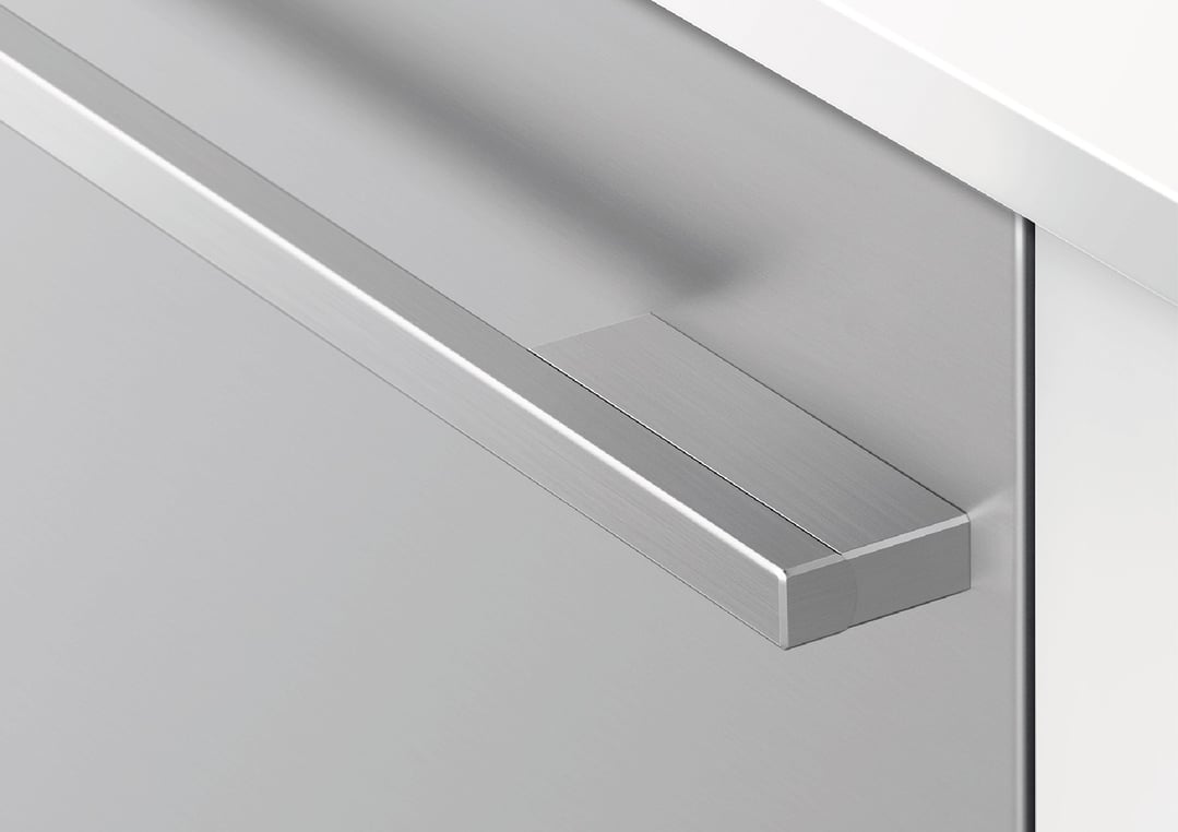Close-up of the brushed metal handle on an integrated Double DishDrawer Dishwasher