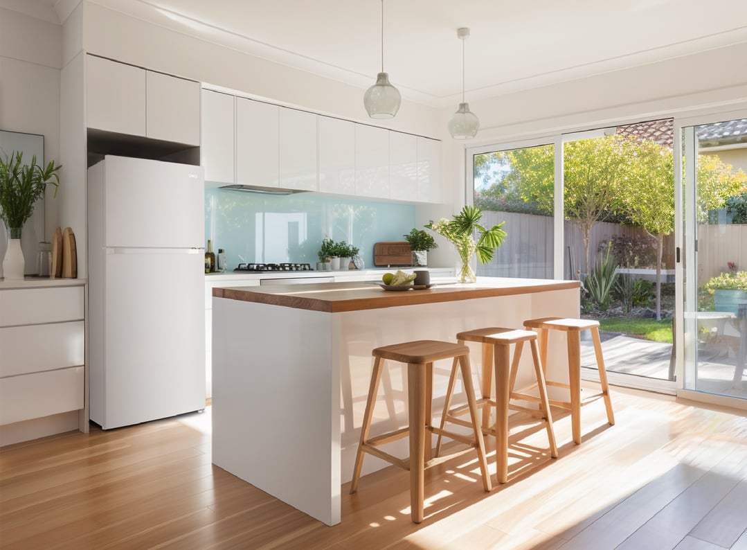 White top mount fridge in a modern kitchen with island and outdoor view