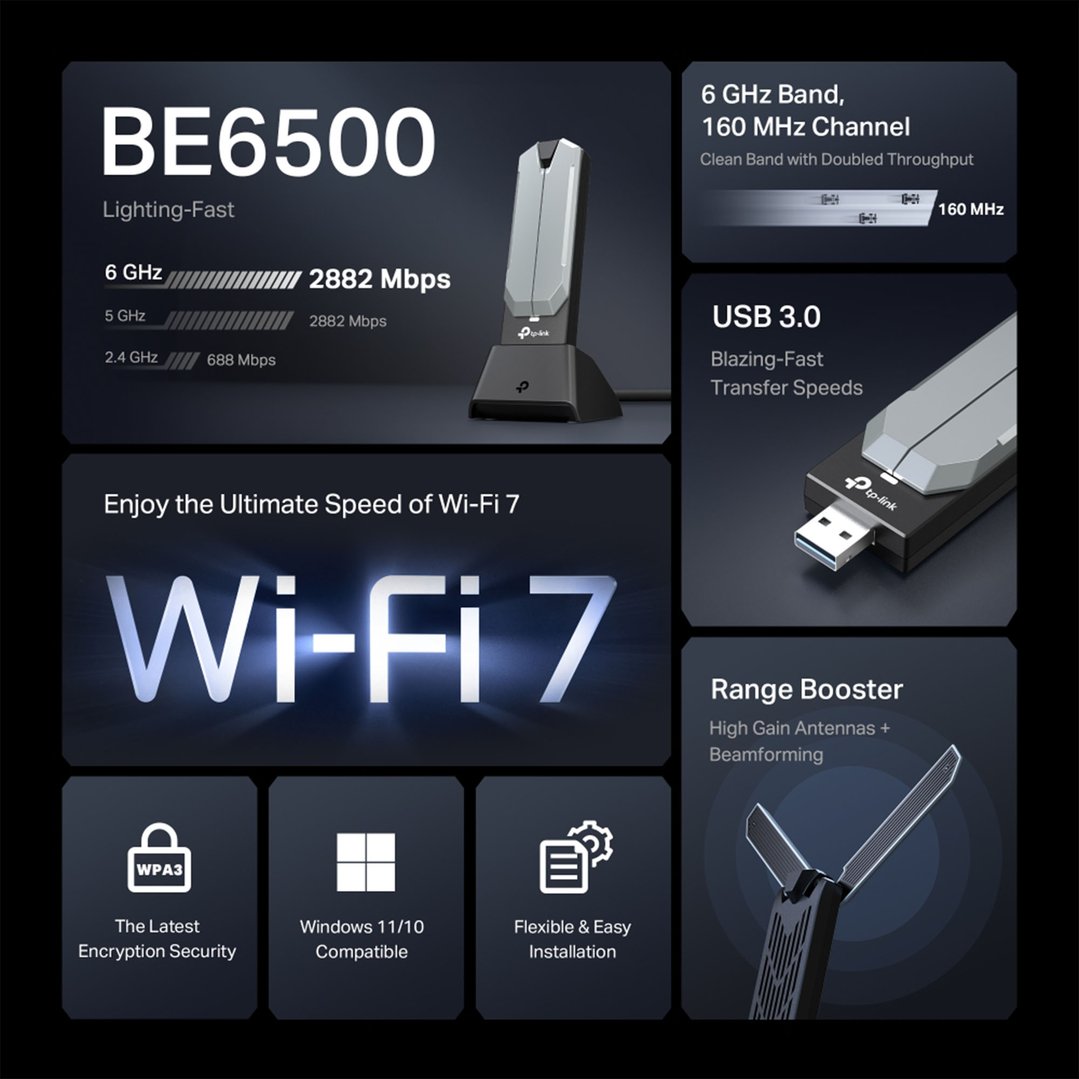 tp-link BE6500 Wi-Fi 7 High Gain Wireless USB Adapter ARCHER-TBE400UH