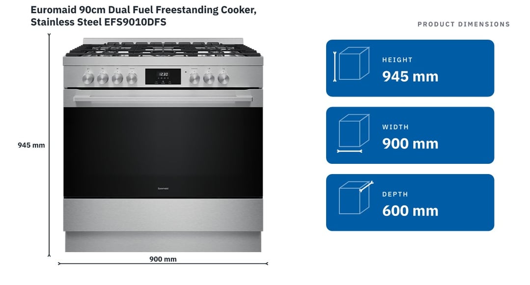 Euromaid 90cm Dual Fuel Freestanding Cooker, Stainless Steel EFS9010DFS — product dimensions