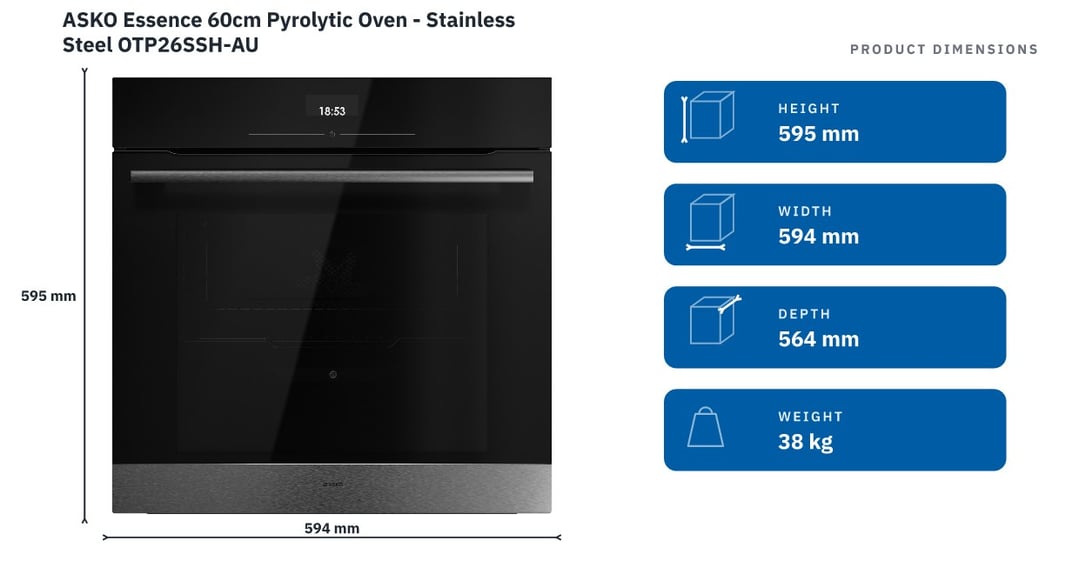 ASKO Essence 60cm Pyrolytic Oven - Stainless Steel OTP26SSH-AU — product dimensions