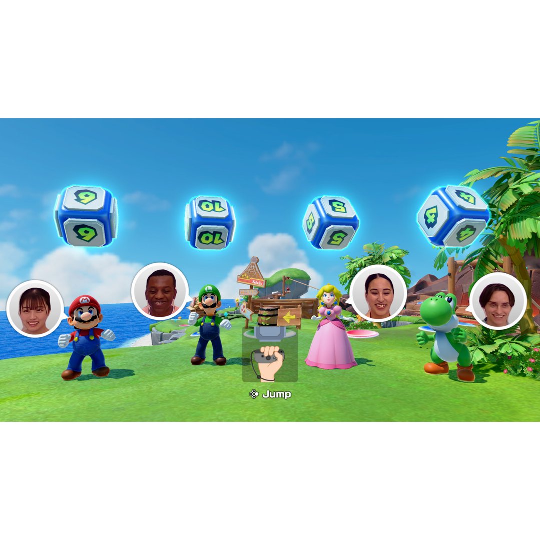 Four players with Mario characters and dice in a game scene