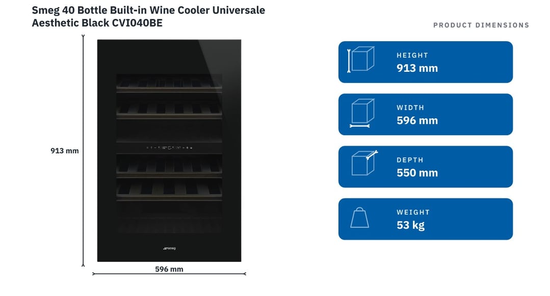 Smeg 40 Bottle Built-in Wine Cooler Universale Aesthetic Black CVI040BE — product dimensions