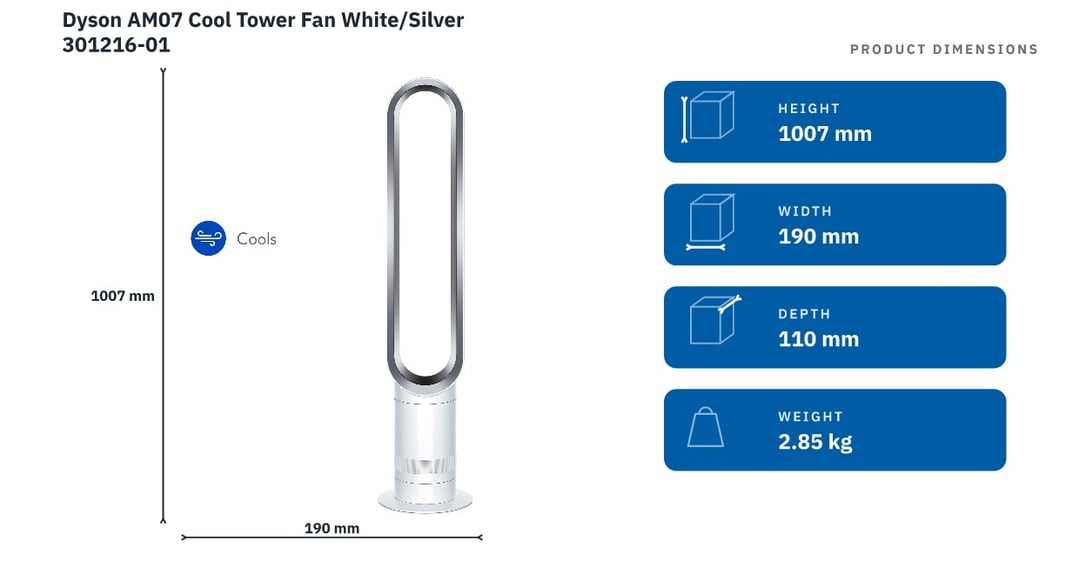 Dyson AM07 Cool Tower Fan White/Silver 301216-01 — product dimensions