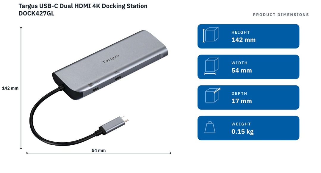 Targus USB-C Dual HDMI 4K Docking Station DOCK427GL — product dimensions