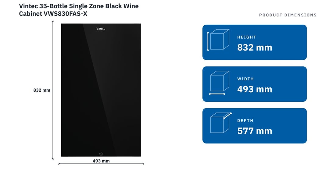 Vintec 35-Bottle Single Zone Black Wine Cabinet VWS830FAS-X — product dimensions