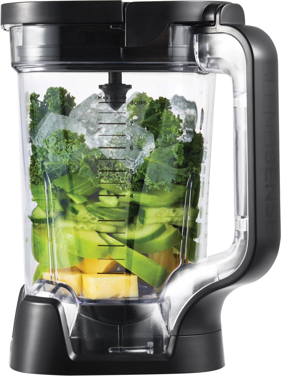 A Ninja blender filled with kale, cucumber, avocado, pineapple, and ice